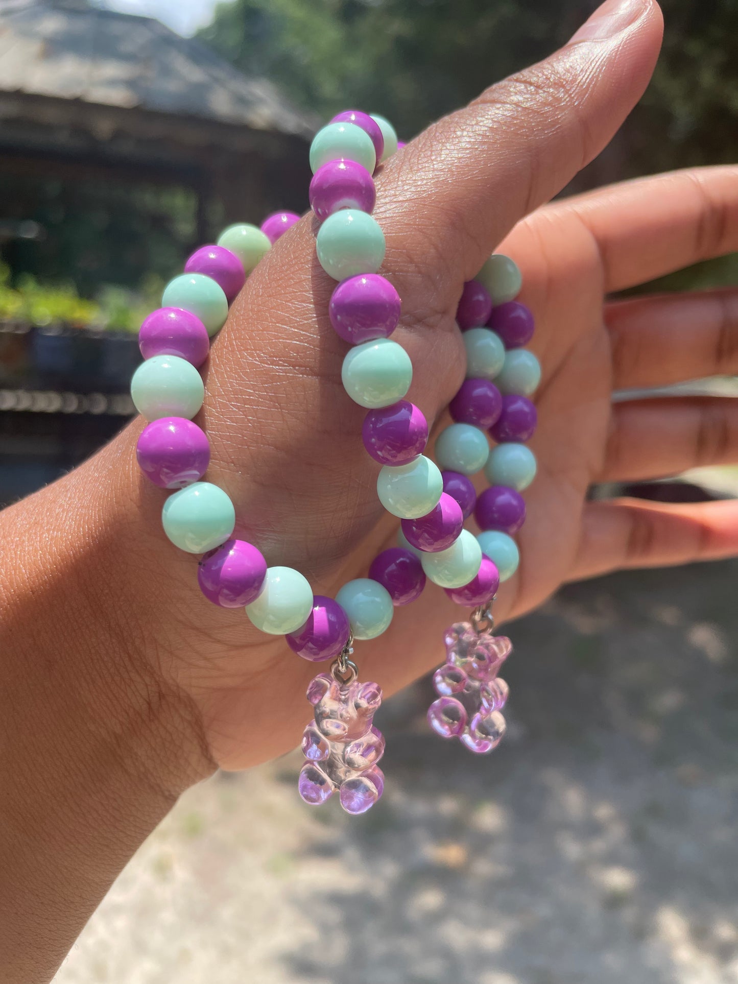 Green & Purple Gummy Bear Beaded Bracelet