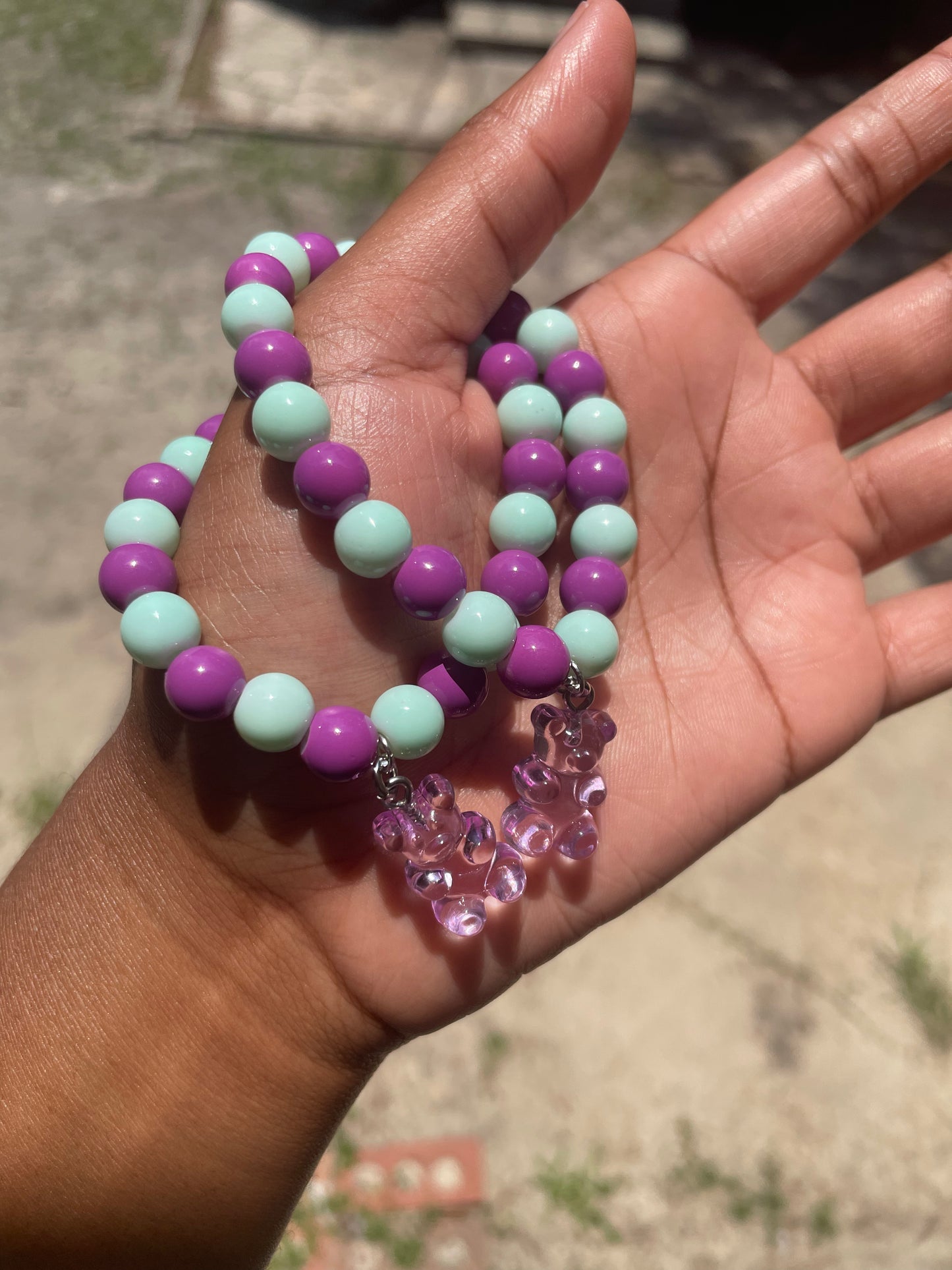 Green & Purple Gummy Bear Beaded Bracelet